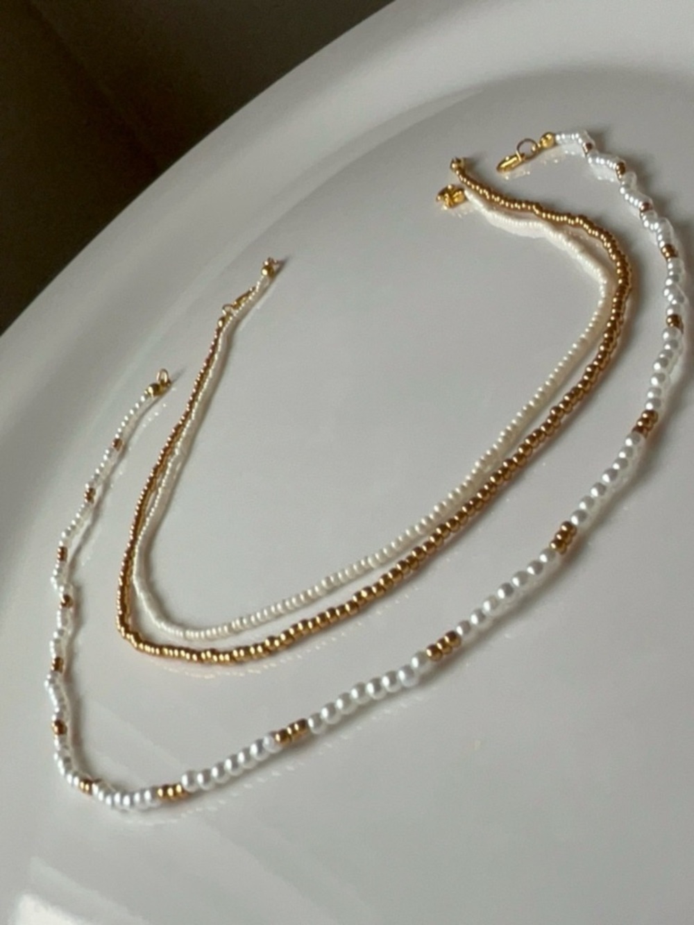 Gold and White Layered Beaded Necklace - Women Jewelry - Picture 2 of 8